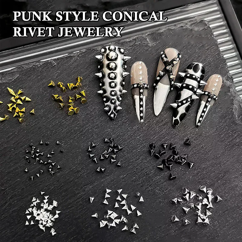

100Pcs Punk Rivet Nail Charms Cone Mixed Sized Nail Art Studs Stylish Alloy Spike 3D DIY Nails Decor