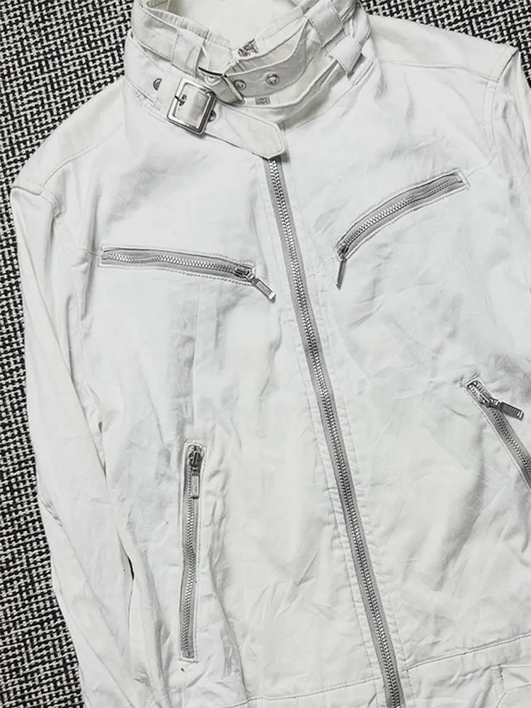 Y2K Japanese Biker Jacket Women Buckle Strap Detail Stand Collar Multi Zip Pockets Loose Fit Moto Coat Casual Streetwear 2026