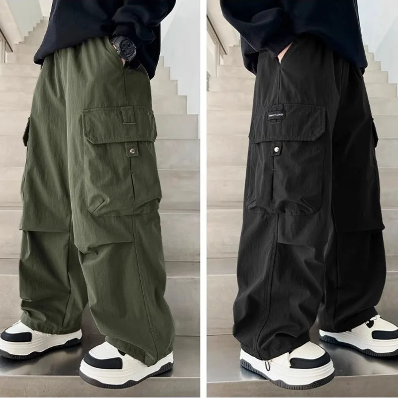 Wide Leg Pants Street Dance Pants Boys' Casual Straight Trousers Children's Side Pockets Kids Cargo Pants Hip Hop Trousers 5-14Y