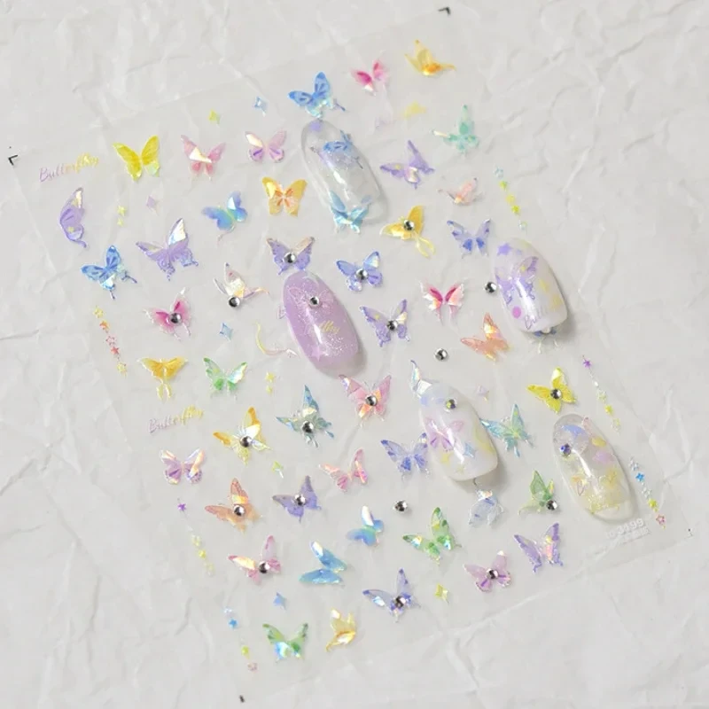 カラフルなピンク段階的なムーンスタークラウド蝶ラインストーン 5D ソフトエンボス加工ネイルアートステッカー 3D デカール装飾マニキュア