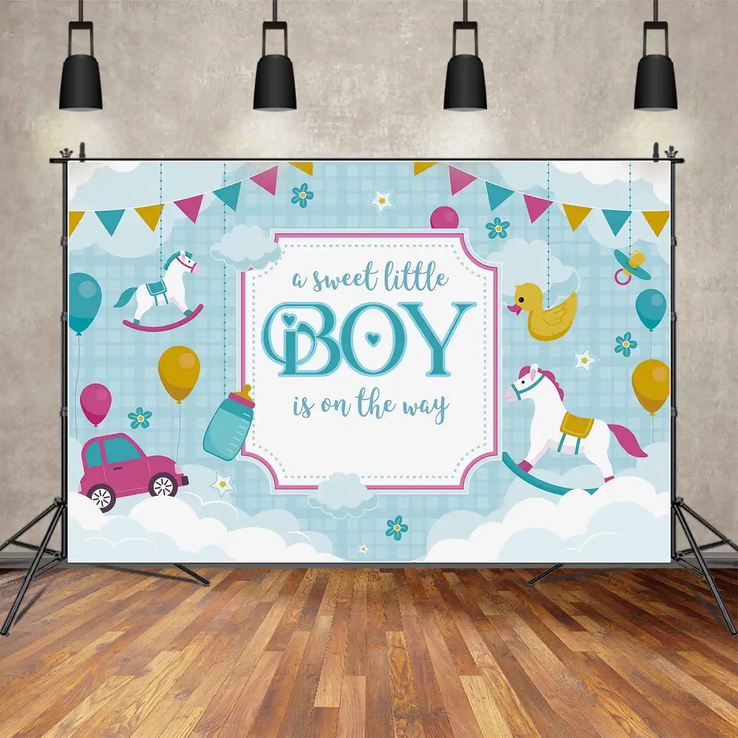 MOON.QG Background Blue Hobby Horse Car Baby Shower Banner Backdrop for Boy Party Props Star Cloud Balloon Decor Photo Booth