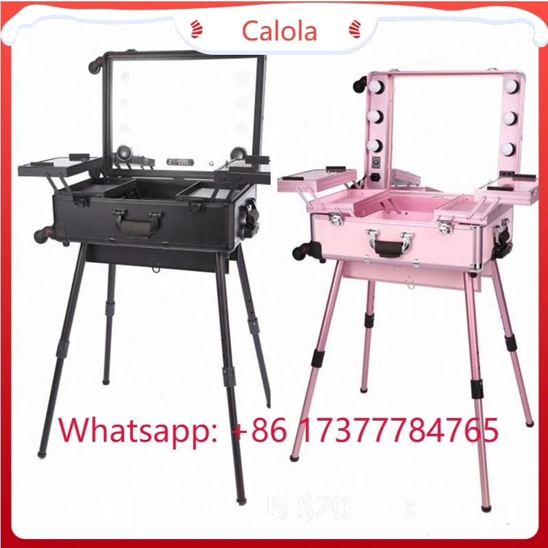 Hard Shell Wheeled Makeup Case, Professional Travel Vanity Trolley with Light Mirror Empty Organizer