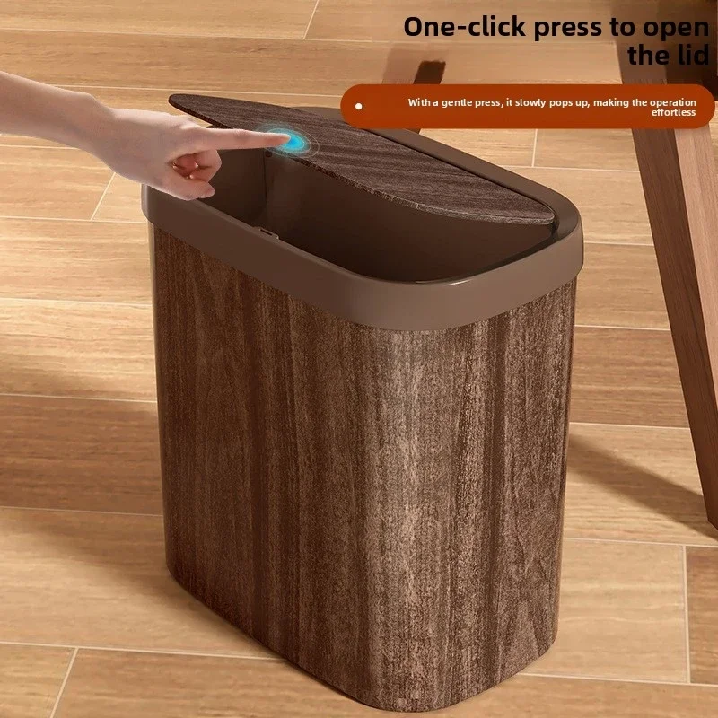 26 Narrow Gap Trash Can for Home Use, Wood Grain Design with Lid, Storage Bin for Bathroom, Living Room, Kitchen, Press-open Lid