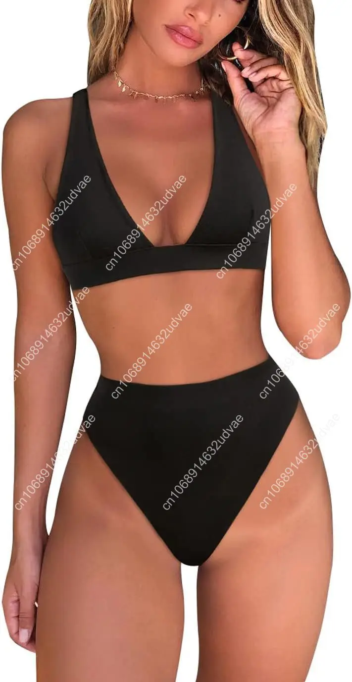 Womens High Waisted Thong Bikini Sets Sexy Brazilian Triangle Top Deep V Neck Two Piece Swimsuit Bathing Suits