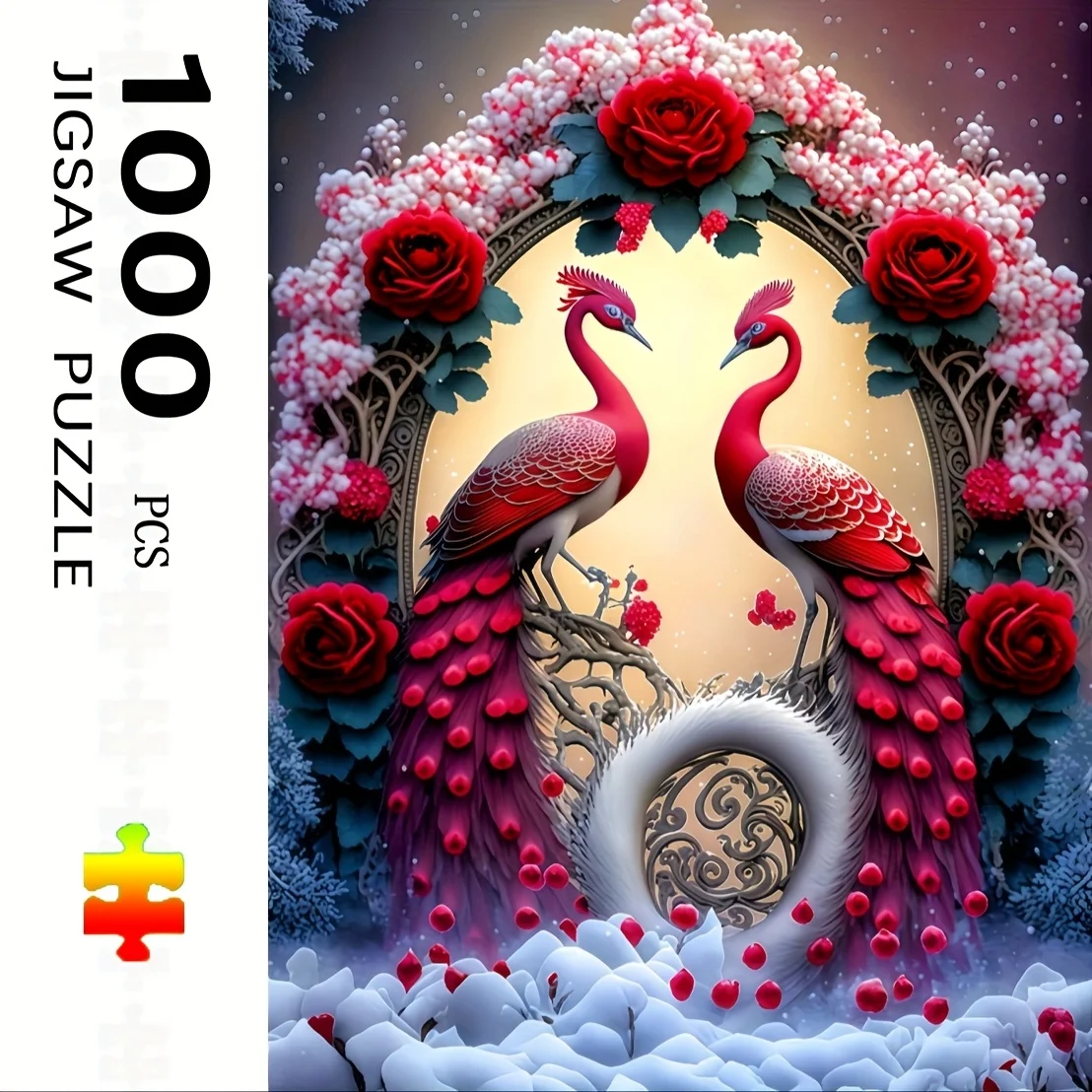 

1000pcs Jigsaw Puzzle for Adults - Red Peacock & Roses Winter Scene with Snowflakes, Vibrant Artwork, Family Activity, Brain T