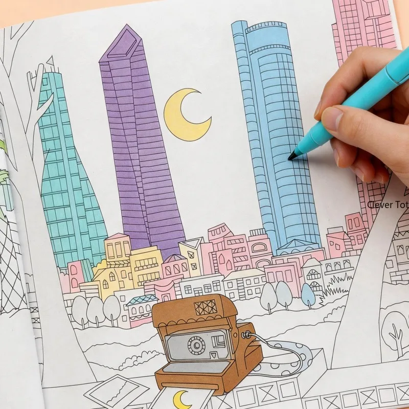 One Adult Decompression Coloring Book, 24 Different Architectural/landscape Patterns, Decompression Hand Drawn Coloring Book