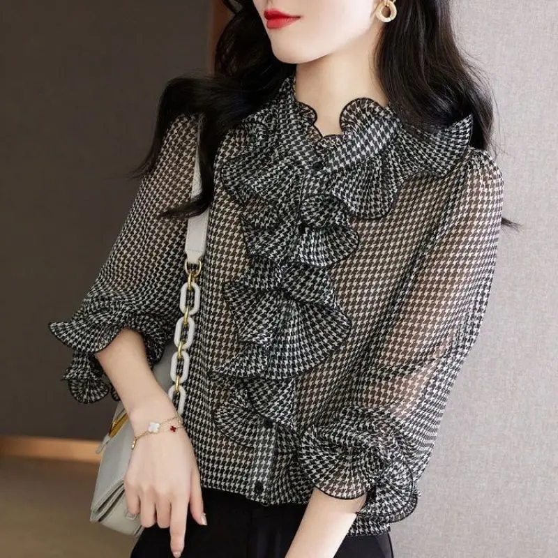 Elegant Fashion Chidori Plaid Ruffles Chiffon Shirt Spring 2024 Ruffled Neck Long Butterfly Sleeve Loose Tops Women's Clothing