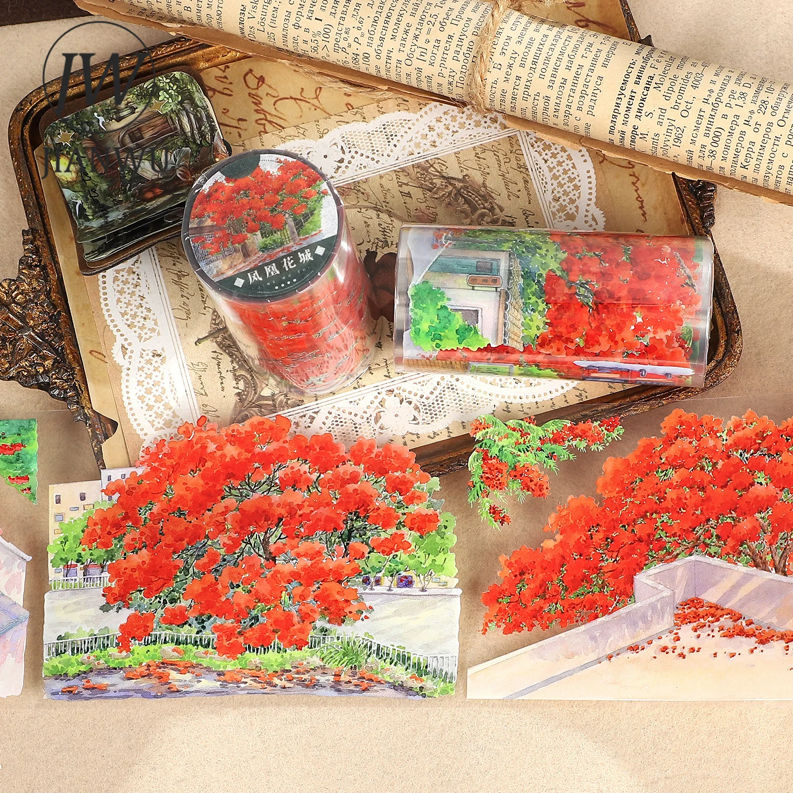 JIANWU 80mm*5m Vintage Phoenix Tree Flower Landscape Material Collage PET Tape Creative DIY Journal Stationery
