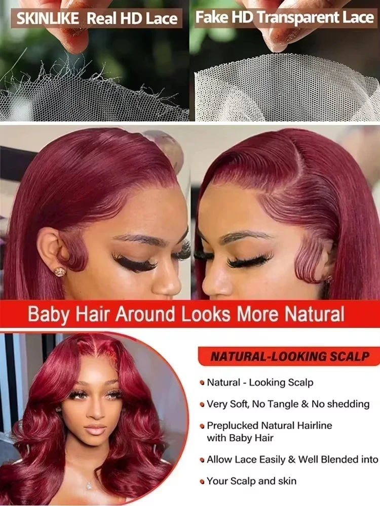 200 Dichte 99J Burgund Körperwelle 13x4 HD Transparente Spitze Frontal Echthaar Perücke 30 Zoll Brasilianische vorgezupfte Echthaarperücken