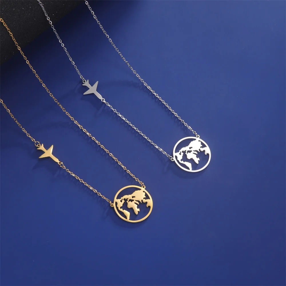 My Shape Aircraft World Map Pendant Necklaces for Women Men Hollow Map Airplane Stainless Steel Chain Choker Jewelry Travel Gift view 5