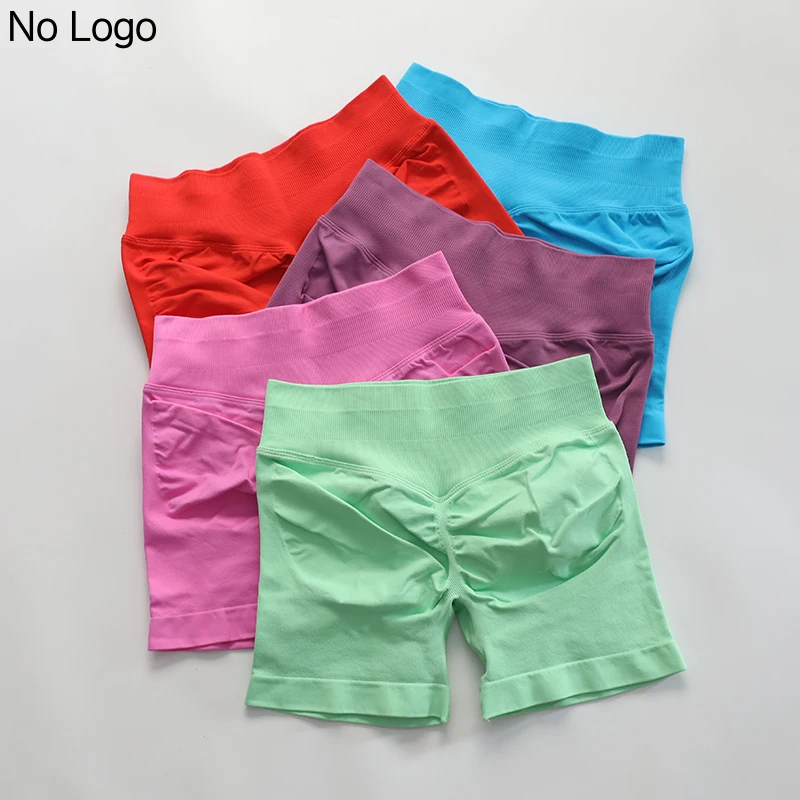 No Logo Sexy V Back Low Ribbed Waist Band Yoga Shorts Seamless Scrunch Bum Workout Gym Shorts Booty Hight Stretch Running Shorts