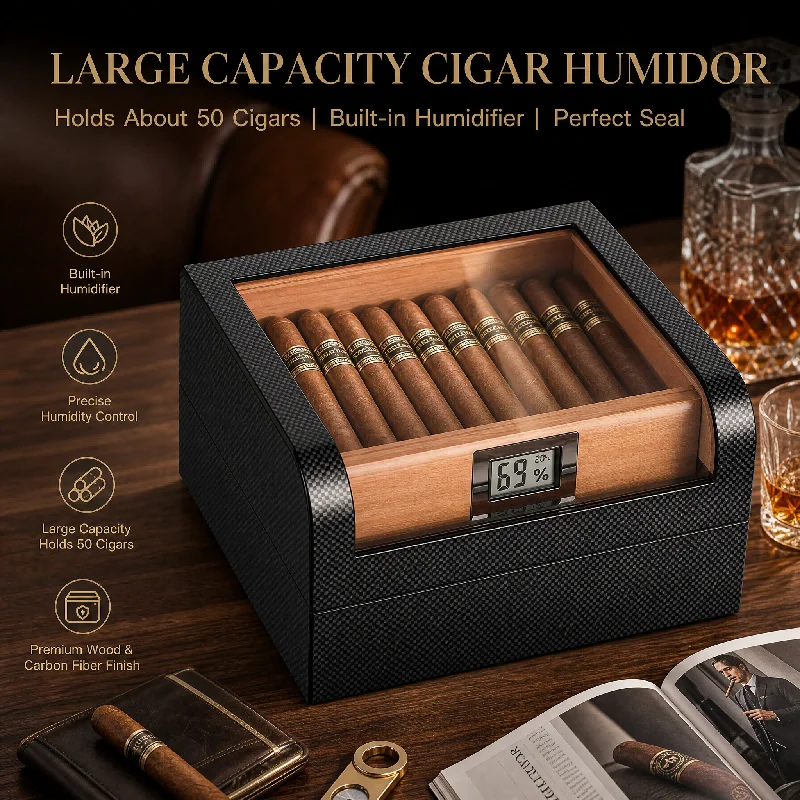 Carbon Fiber Cigar Humidor Box Portable Clear Window Double Layer Large Capacity for 50 Cigars Home Use