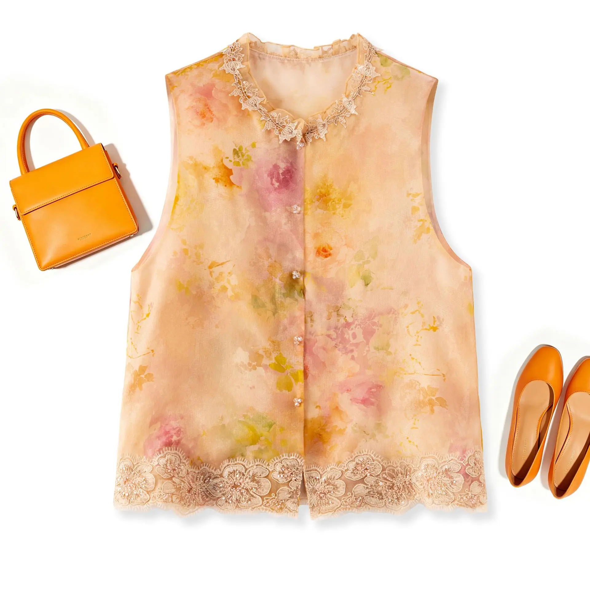 

2026 Summer New Silk Printed Sleeveless Vest Chinese Lace Smudged Vest