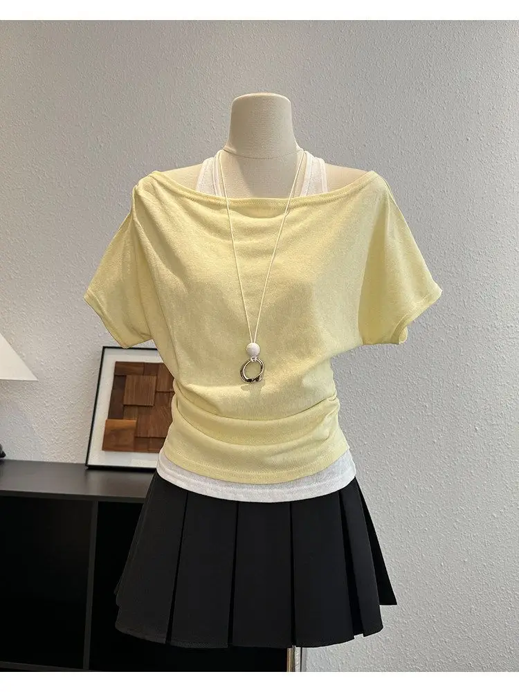 Deeptown Korean Style Butter Yellow T-Shirts Women Sweet False Two-piece Tees Elegant Loose Stripe Patchwork T-Shirts Aesthetics