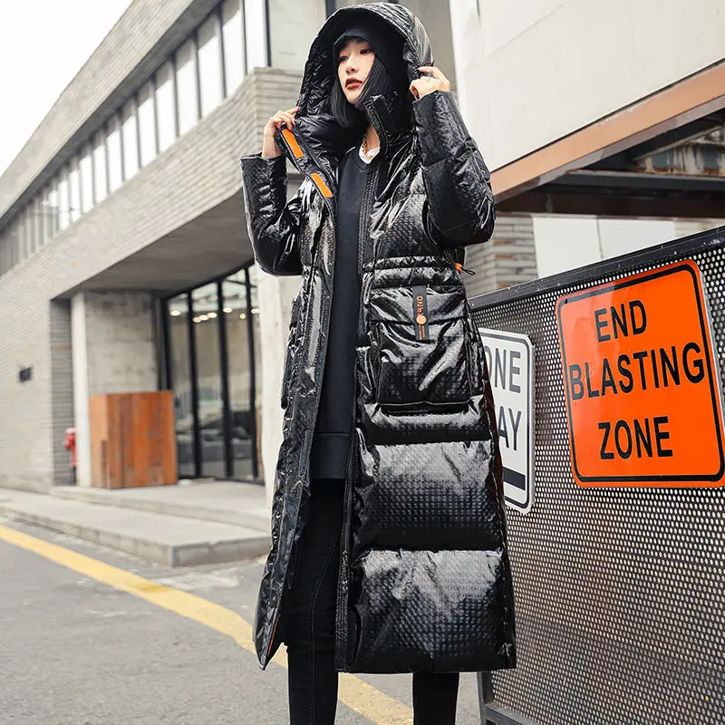 

Winter 90 White Duck Down Coat For Women Long Glossy Down Jacket Parka 2023 New Loose Warm Hooded Casual Winter Snow Jacket Coat