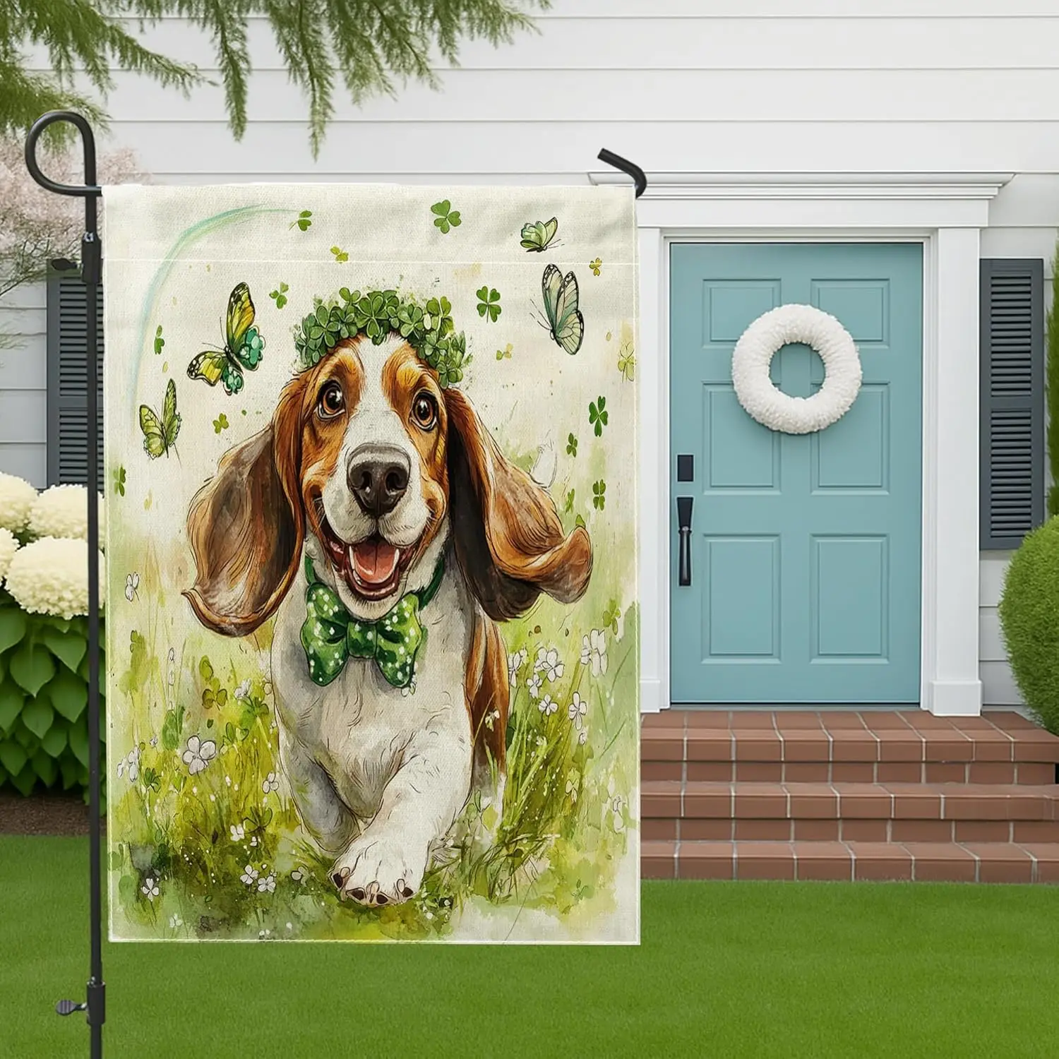 St Patricks Day Basset Hound Dog Garden Flags 12”x18” Double Sided for Outside, Cute Plant Front Yard Small Canvas House Fla PPM