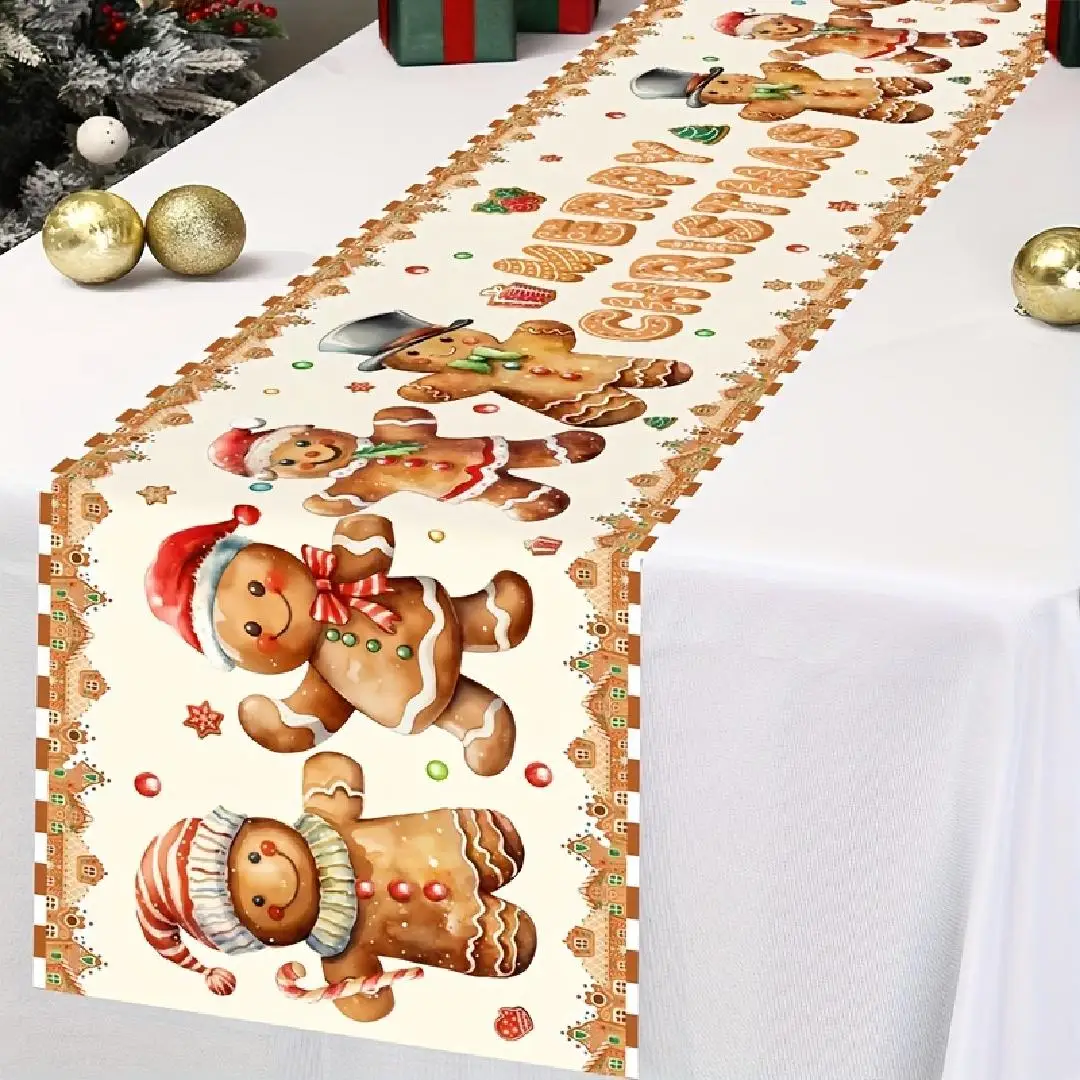 1 Piece of Christmas Gingerbread Man Theme Table Runner, Rice Bottom Painted Gingerbread Man, Candy, Small House Pattern, Suitable for Christmas Dinner, Family Party, Holiday Party, Theme Cafe, Family Restaurant, Christmas Market, Warm Tea Party, Holiday Gift Giving