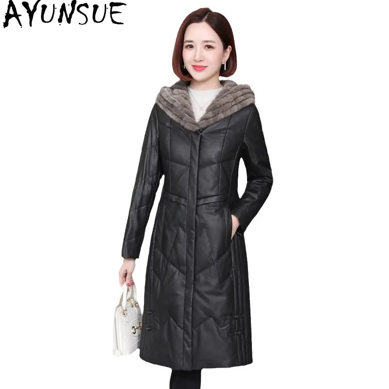 

AYUNSUE 100% Sheepskin Genuine Leather Jacket Women Winter Down Coat Hoodie Mink Fur Collar Md-length Trench Coats Soft Slim Fit