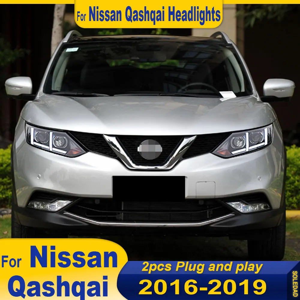 

Пара автомобильных фар для Nissan Qashqai 2016 2017 2018 2019, светодиодные фары DRL, биксеноновые линзы проектора, аксессуары