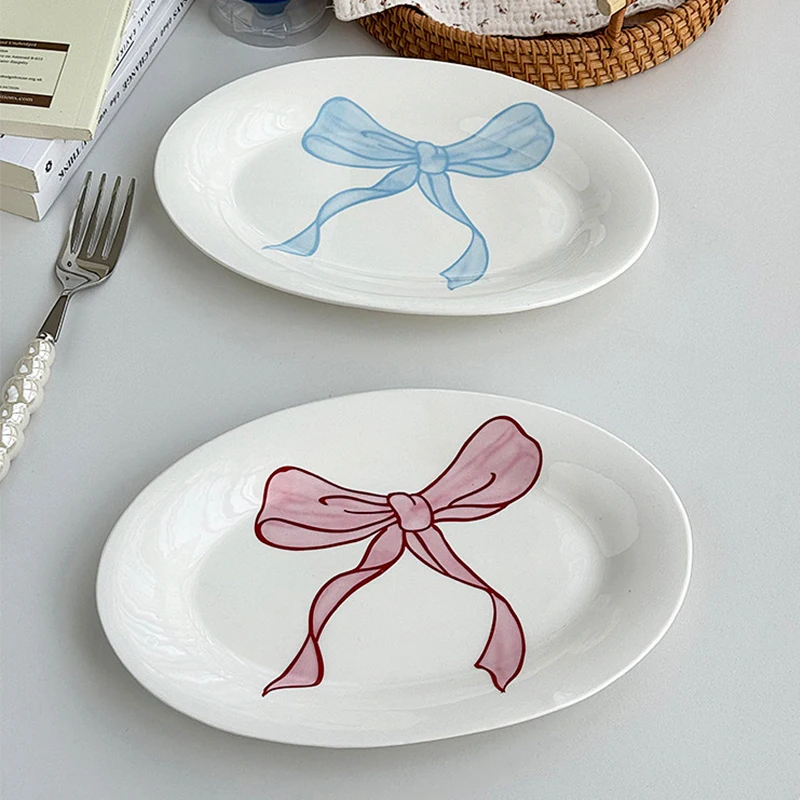 Bow Print Ceramic Plates New Household 9 Inch Korean Style High Aesthetic Oval Fish Dishes Overglaze Color Exquisite Tableware