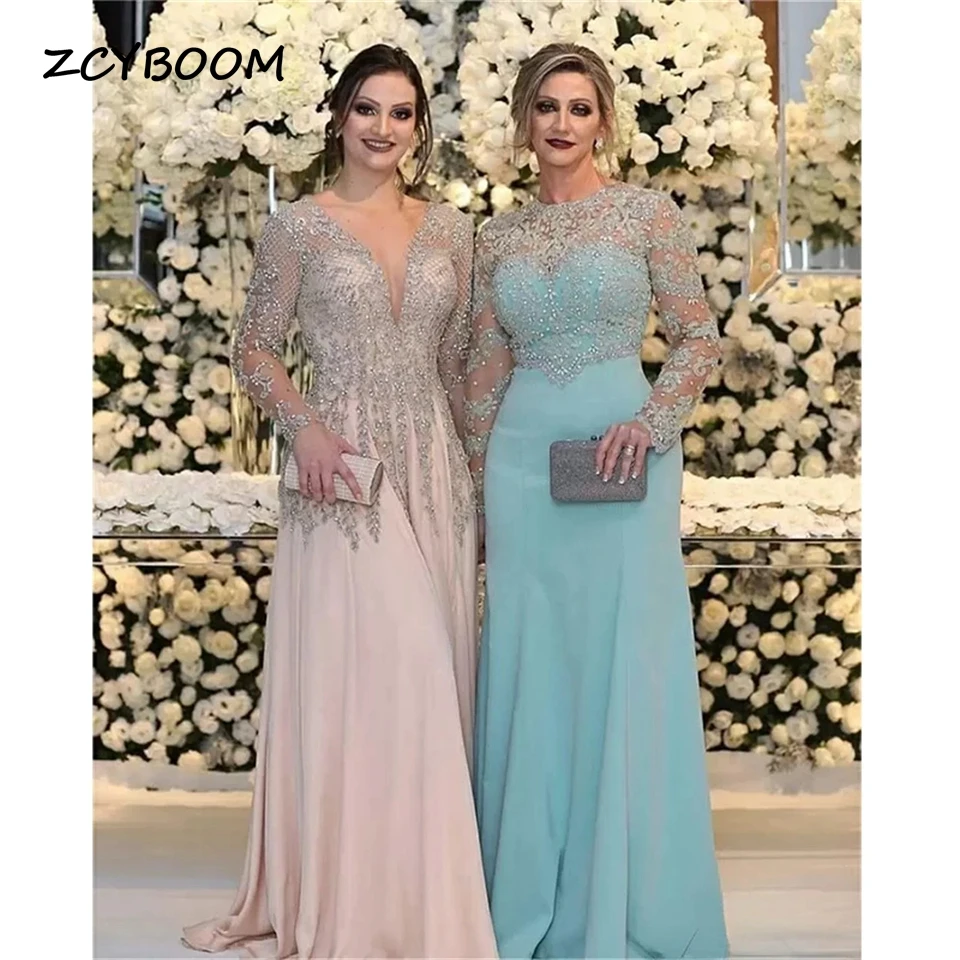 

Modern High Neck Appliques Beading Tulle Full Sleeves A-line 2024 Evening Dresses for Women Sweep Train Party Dresses Prom Dress