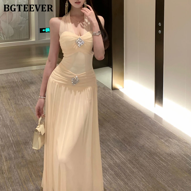 

BGTEEVER Fashion Women Halter Sleeveless Bodycon A-line Dress Spring Summer Elegant Slim Waist Ladies Package Hip Midi Dress