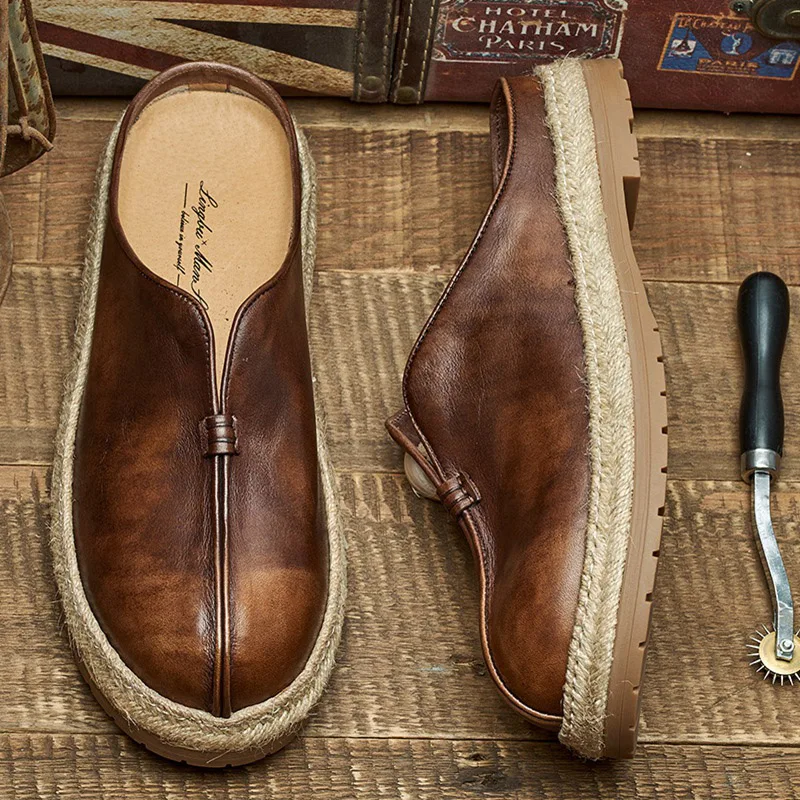 

Летние мужские сандалии без шнуровки из натуральной кожи с открытым носком, дышащие льняные повседневные тапочки с одним ремешком, простые в ношении Fierman oes