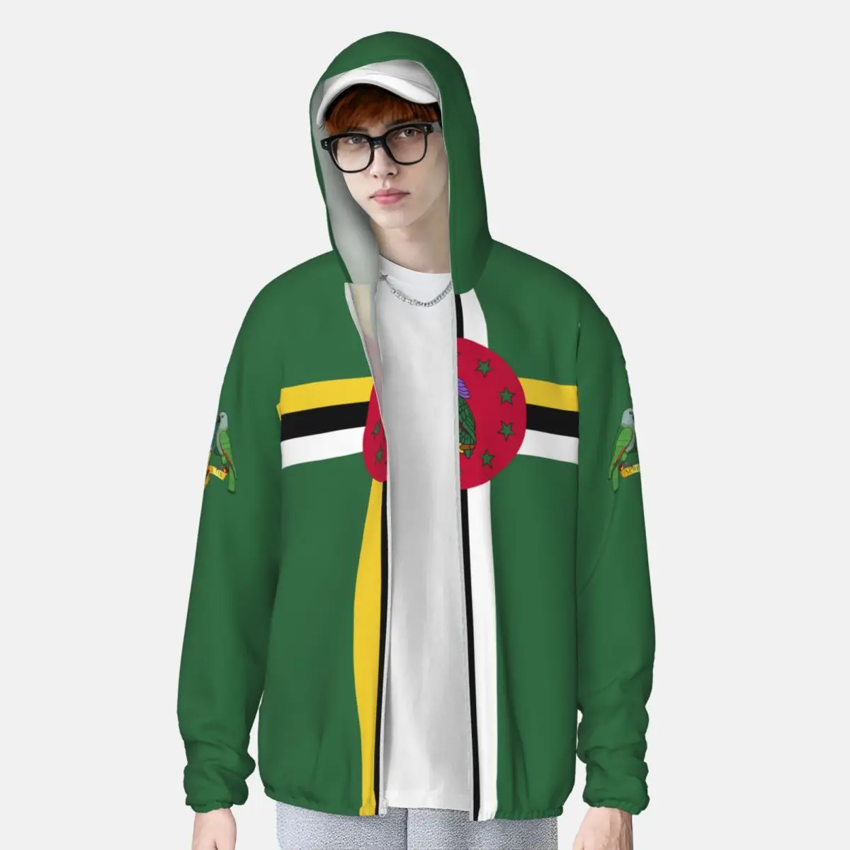 Dominica Flag Polyester Hoodie Sunscreen Sun Protection Fishing Running Clothes Quick Dry Performance Long Sleeve With Zipper