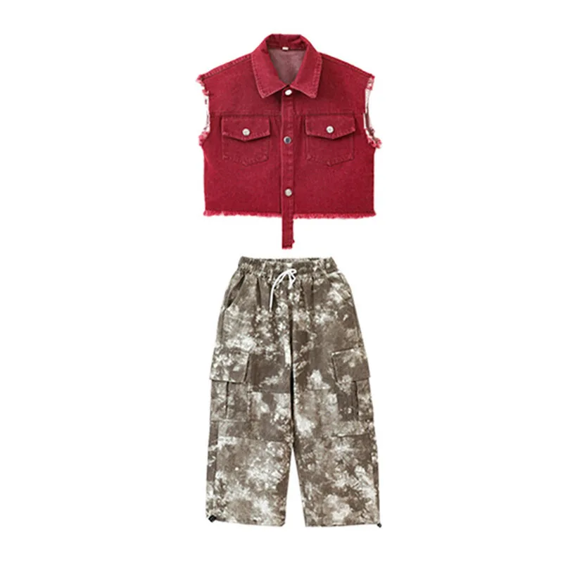 Ropa de Hip Hop para chico, chaleco vaquero rojo vino, Top de camuflaje, pantalones holgados Cargo informales para niña y niño, traje de baile de Jazz
