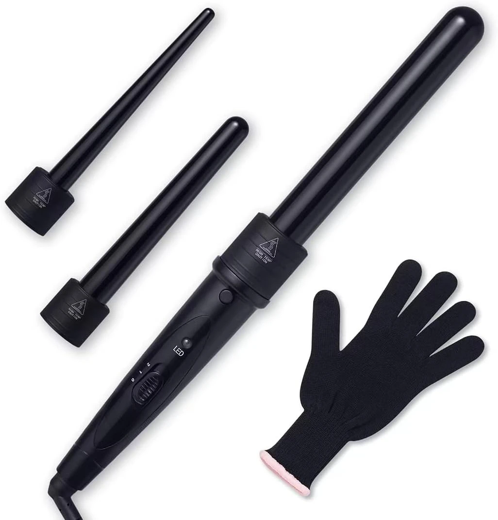 3 in 1 Curling Wand Set with 3 Interchangeable Curling Iron Ceramic Barrels with Heat Resistant Glove  Black