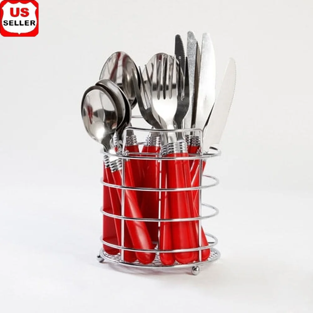 Juego de cubiertos de 16 piezas con carrito de alambre, servicio duradero de acero inoxidable, 4 tenedores, cuchillos, cucharas, cucharaditas, apto para lavavajillas al aire libre