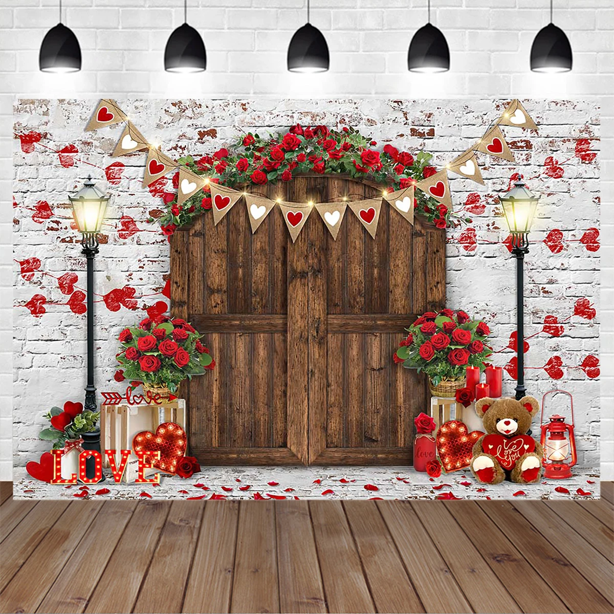 

Studio Photography Valentine's Day Party Background Decoration Banner Wooden Door Brick Wall Red Rose Retro Backdrop Prop Adult