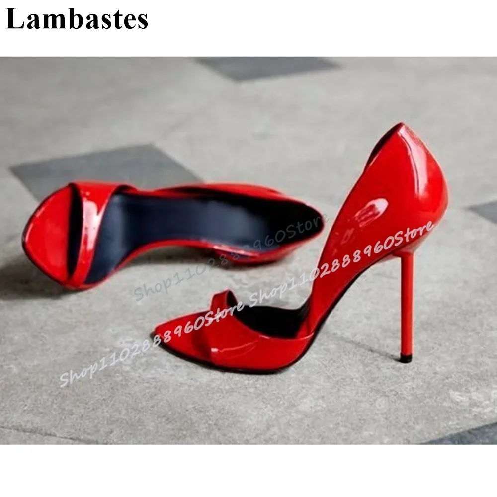 الجانب فارغة الأحمر لامع الصنادل الجلدية الضحلة الخناجر عالية الكعب النساء أحذية الانزلاق على المفتوحة تو الصنادل حفلة عادية رائع