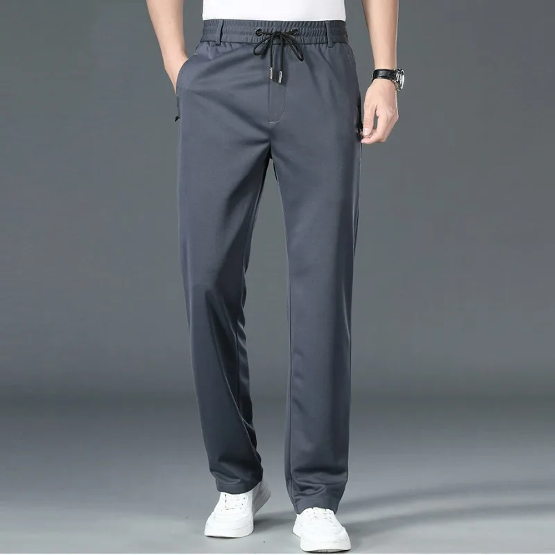 KIDWHXR Men Trousers Spring Summer Thin Elastic Waist Drawstring Man Straight-leg Pant Simple Breathable Sport Casual Male Pant