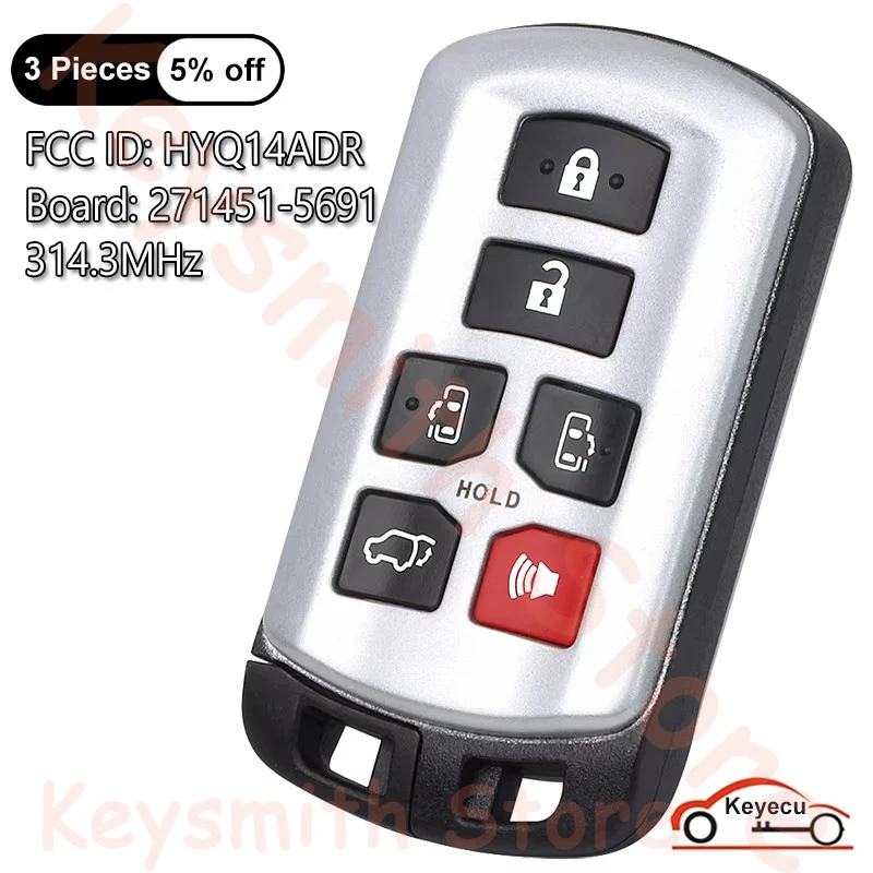 KEYECU 6 Buttons 314.3MHz for Toyota Sienna 2011 2012 2013 2014 2015 2016 - 2020 Auto Smart Remote Key Fob HYQ14ADR 271451-5691