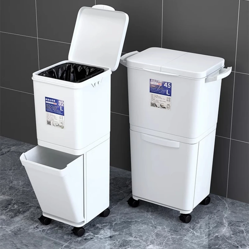 Dual Layer Trash Can Large Capacity Waste Bin, Dry Wet Separation, Push Button Design, Kitchen Garbage Container for Home Office