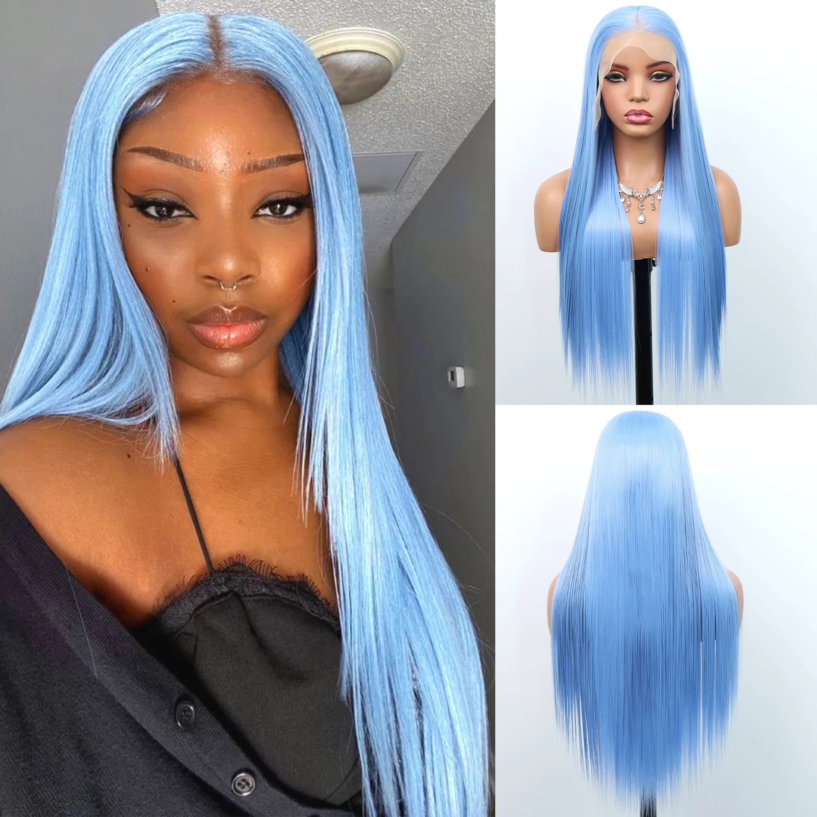 

Синтетический парик Aubree Hair 13*6 с кружевной передней частью, предварительно прорезанный, для женщин, для повседневного использования и косплея, без клея, 28 дюймов, длинные прямые синие волосы