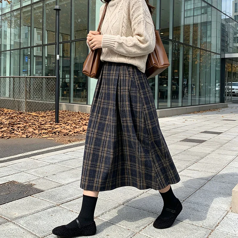 Women Vintage Plaid Wool Midi Skirts High Waist A-Line Pleated Tartan Skirts Fall Winter Casual Office Wear Preppy Style Clothes