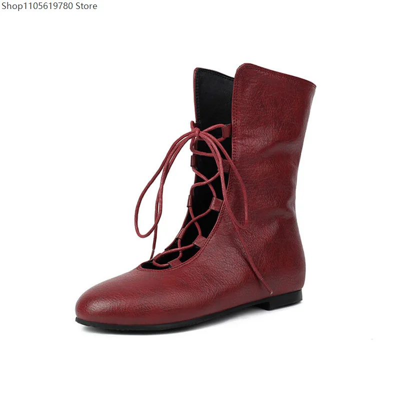 Women Vintage Renaissance Flat Ankle Boots Front Lace‑Up Hollow Design 3‑Color Option Cosplay Dress‑Up Medieval Style Footwear 3