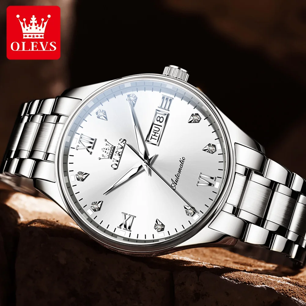 OLEVS Classic Automatic Watch for Men Dual Calendar Simple Diamond Dial Stainless steel Luminous Waterproof Mechanical Watch