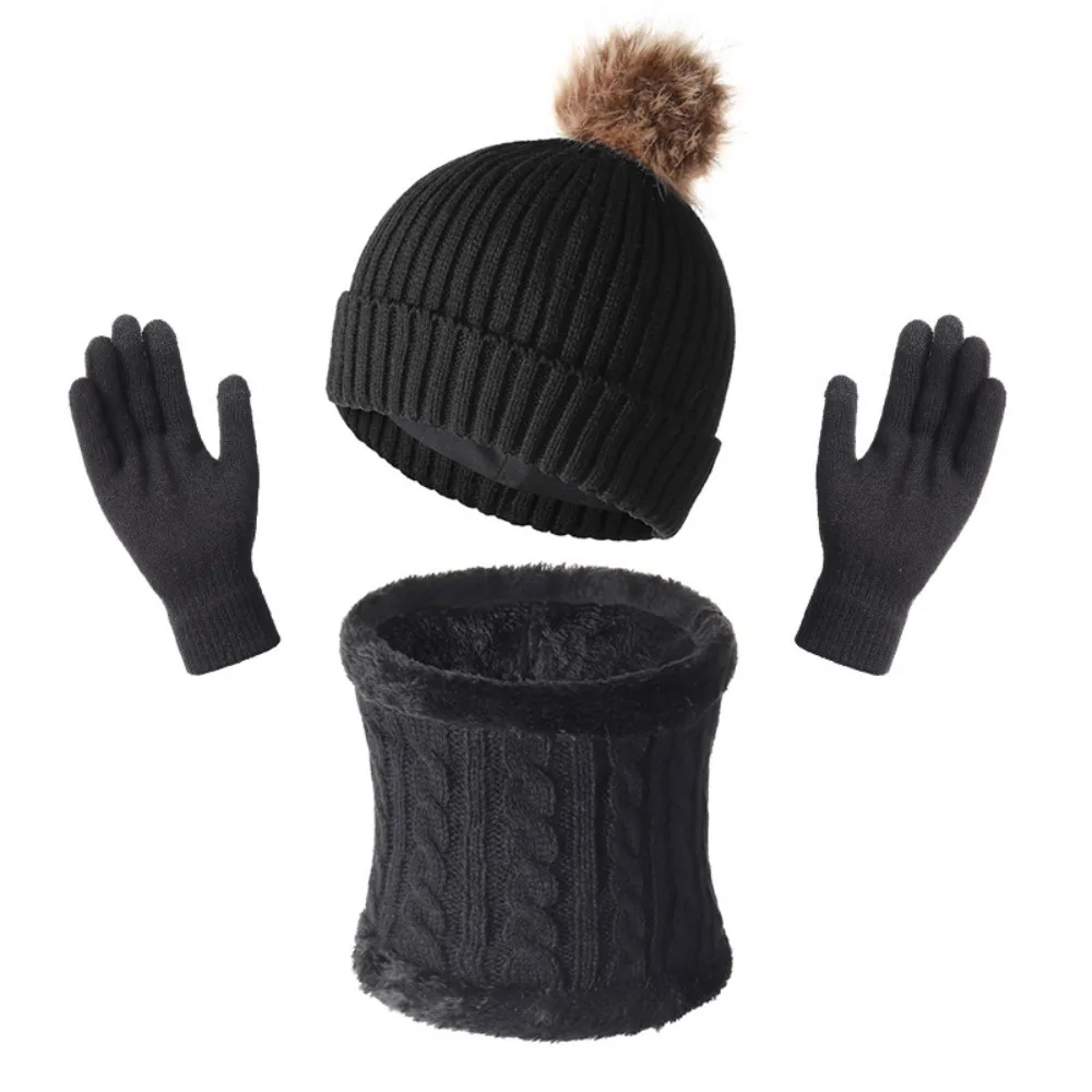 

3 шт./компл., мягкая зимняя вязаная шапка с большим шариком для волос, сохраняющая тепло, однотонная зимняя шапка, комплект, утепленная вязаная шапка, шарф и перчатки для женщин