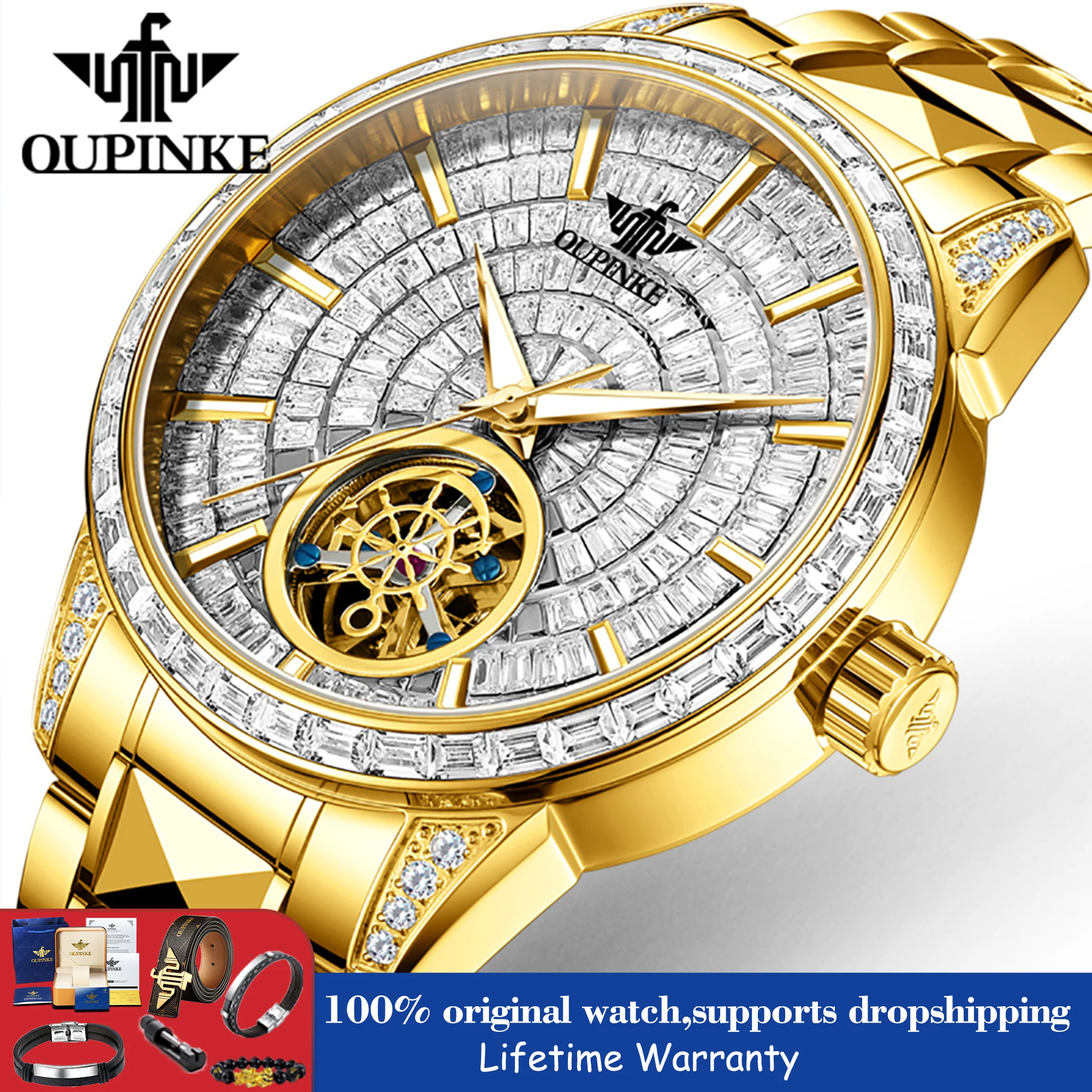 OUPINKE 3321 Mens Gold Mechanical Watch Full Paved Diamond Skeleton Tourbillon Sapphire Glass 50ATM Waterproof Luxury Male Watch