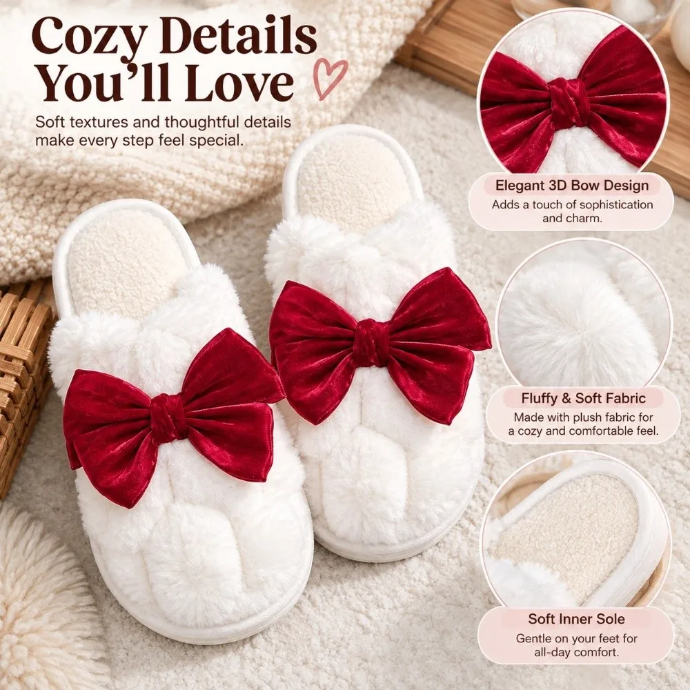 Durable 3D Bow Women's Cotton Slippers Non-Slip Soft Fabric Couple Slippers Comfortable Winter Warm Home Slippers Indoor