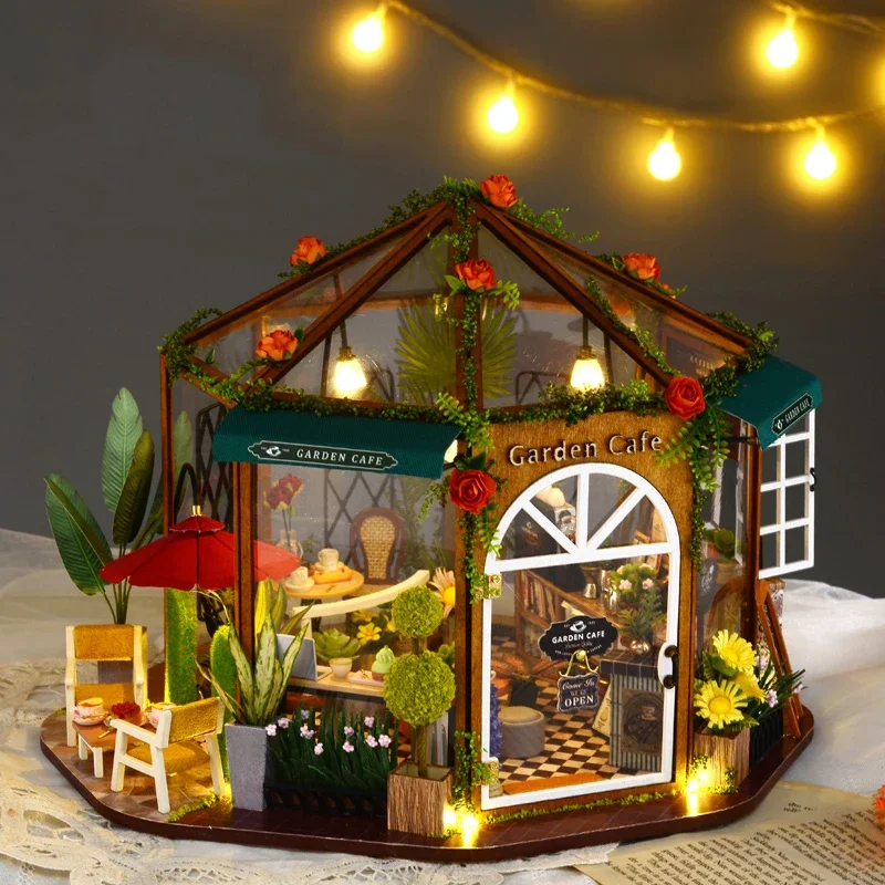 Animation Cartoon Diy Hut Coffee Among Flowers Handmade Assembling Toys Model Wooden House Birthday Gift Female Peripheral