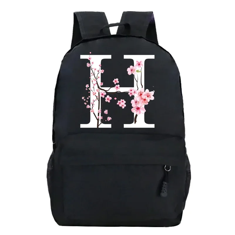 Teen School Bag for Girls Backpack Women Cherry Blossom 26 Alphabet Floral Printing Bookbags Student Schoolbag Flowers Bagpack