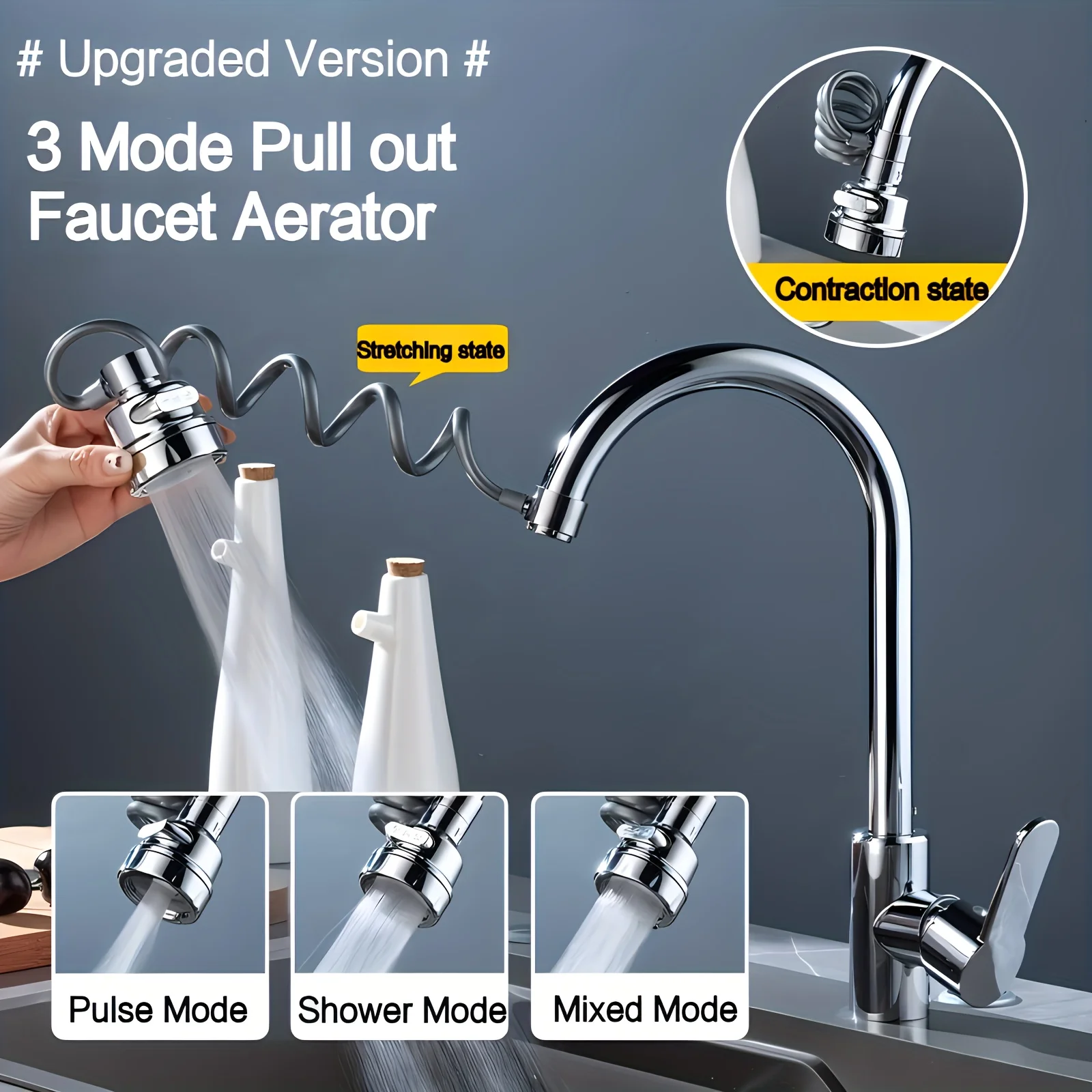 Universal Faucet Extender Tube Pull Out Aerator 3 Modes Splash-Proof Sprayer Faucet Nozzle Sink Cleaning Extension Flusher