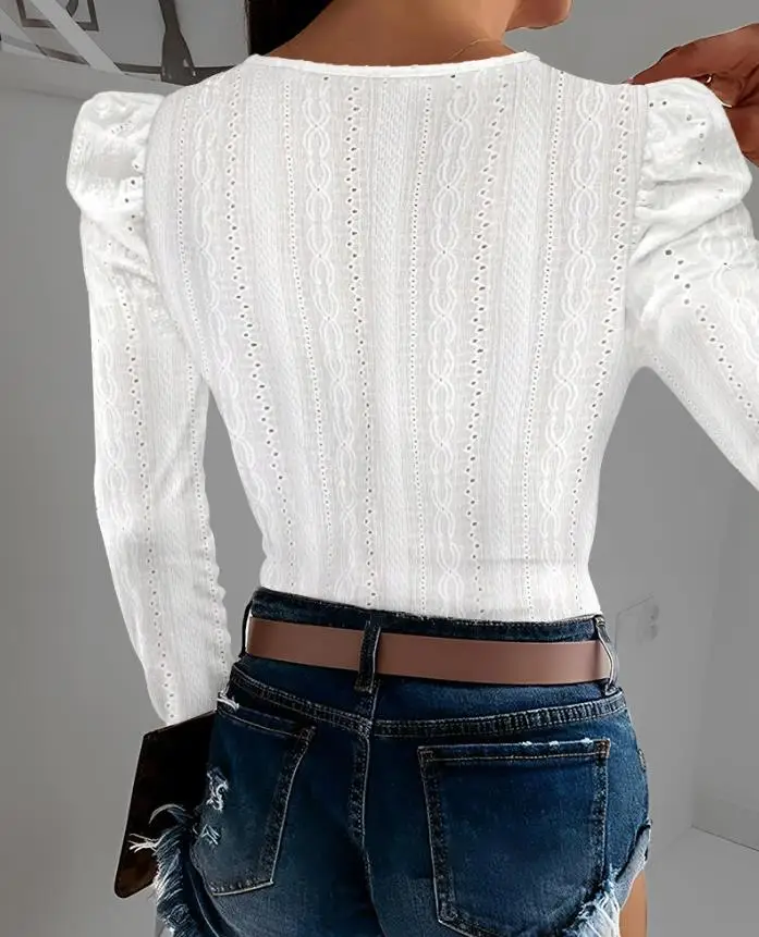 

Temperament Commuting Female Fashion Tee Jacquard Square Neck Puff Sleeve Eyelet Embroidery T-Shirt Women's Slim Top