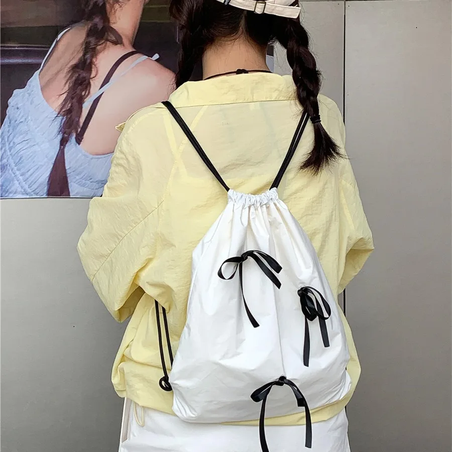 Korean New Thin Belt Drawstring Bow Knot Nylon Backpack Fashion Summer Travel Women Backpacks Causal Spicy Girl Y2k Backpack