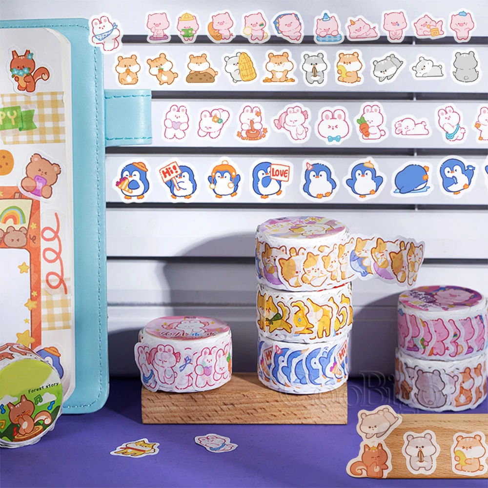 Cute Animal Sticker Bear Cat Dog Hamster Penguin Pig Rabbit Squirrel Adhesive Label Cartoon Pet Washi Tape for Kids 100pcs/roll