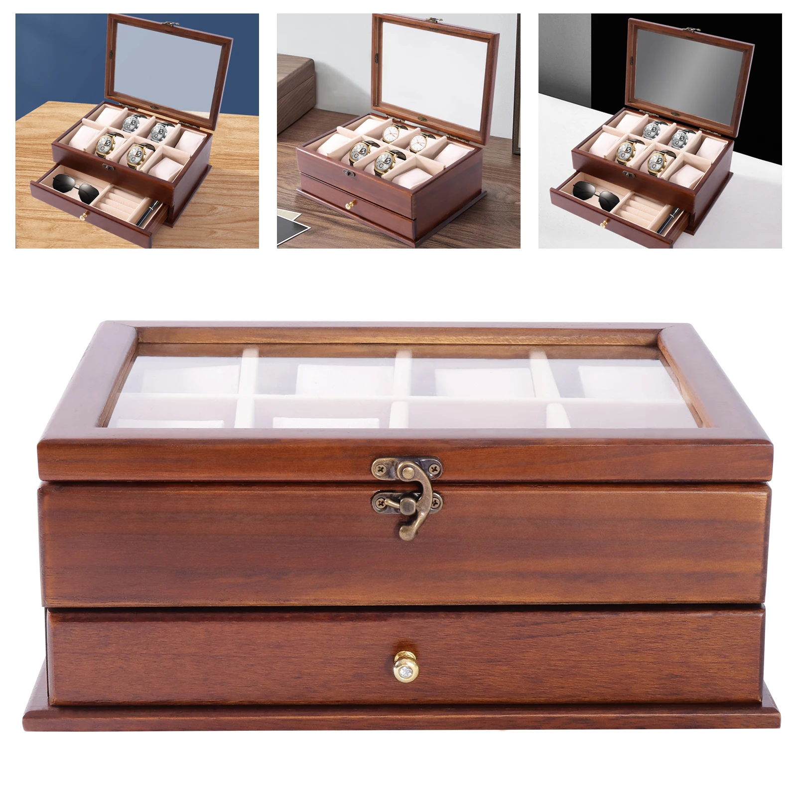 

2 Layers Solid Wood Watch Box Watch Case with Pillows Glass Top Jewelry Large Storage Case Organizer Vintage